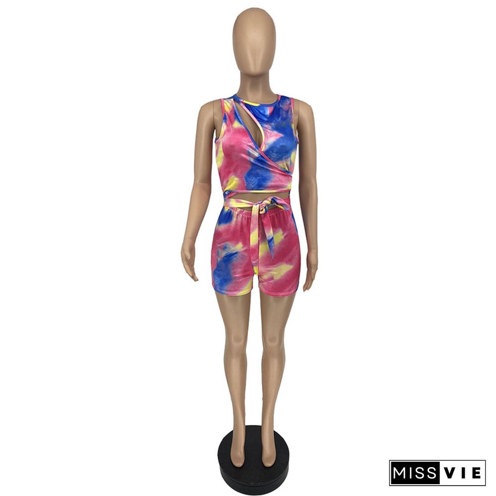 Tie Dye Printed Bandage Sleeveless Hole Cut Out Slim Rompers