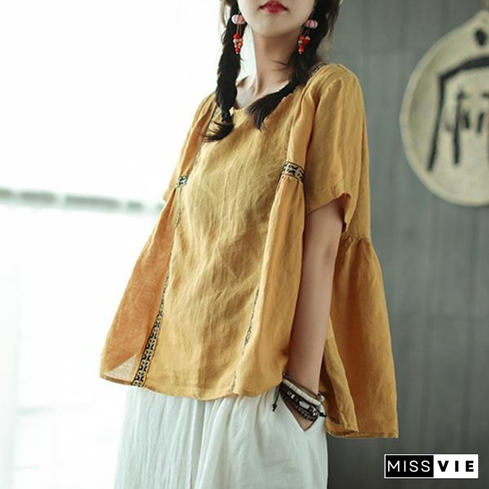 New linen blouse Loose fitting Loose Pleated Ramie Casual Women Pullover Blouse