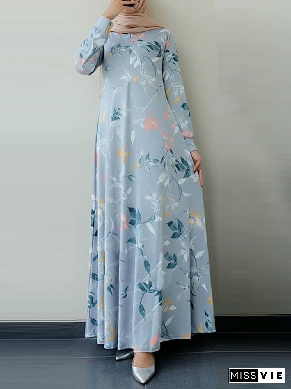 Leaves Print O-neck Long Sleeve Casual Muslim Dress for Women