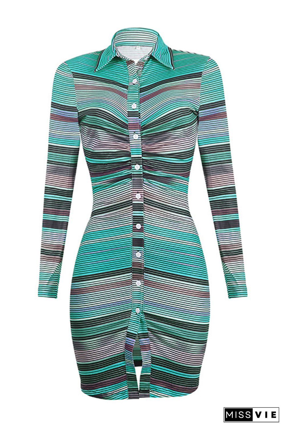 Multicolor Turn Down Neck Buttons Up Bodycon Long Sleeve Dress