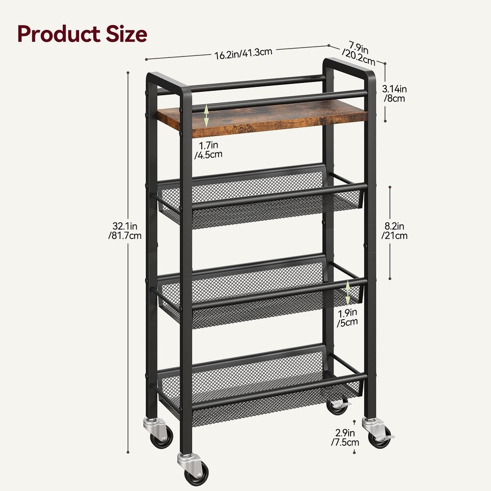 4 Tier Rolling Cart Kitchen Storage Cart with Handle and Lockable Casters