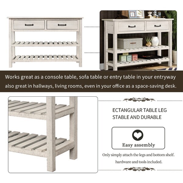 Retro Console Table Sideboard Cabinet for Entryway with 2 Drawers and 2 Slatted Bottom Shelves， Antique White