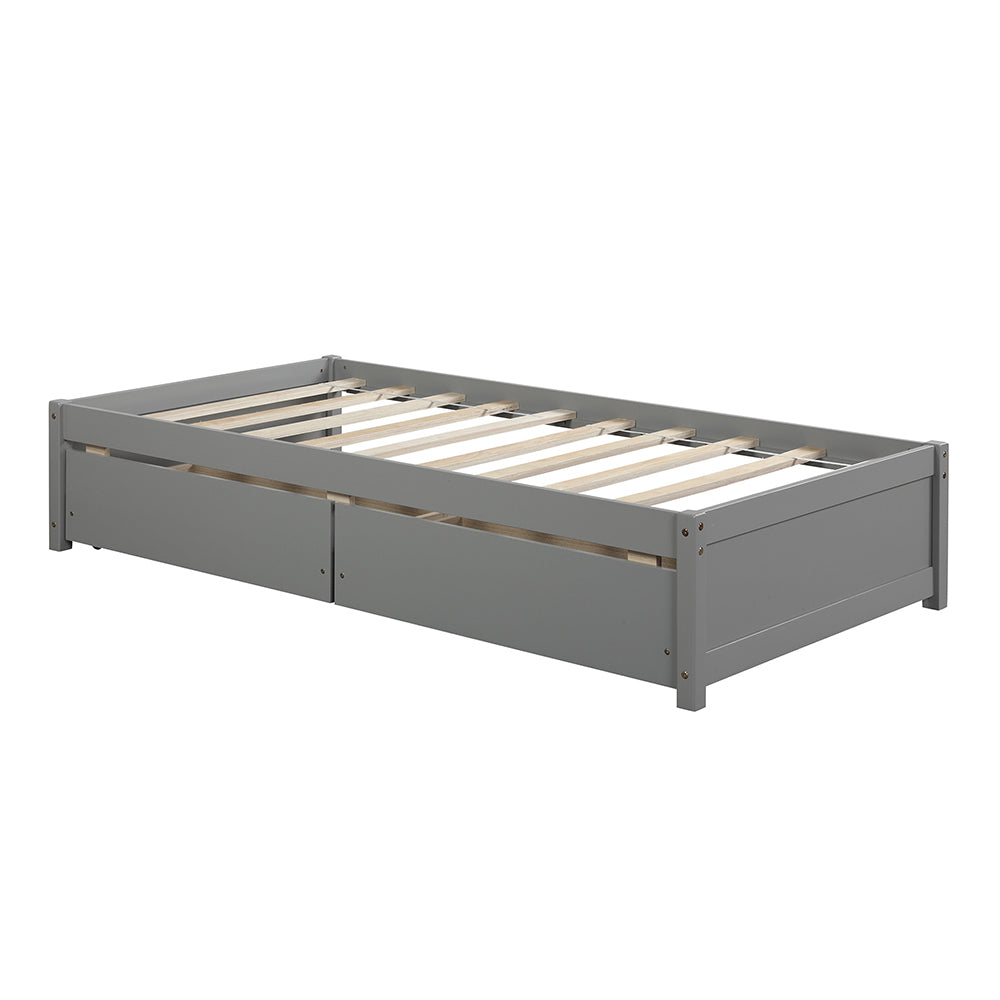 Platform Bed Frame with Storage Drawers, Kids Twin Size Bed Frame No Box Spring Needed, Solid Wood Platform Beds with Two Drawers, Modern Single Bed Bedroom Furniture, Gray, J1174