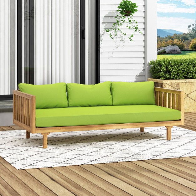 Claremont Outdoor 3 Seater Acacia Wood Daybed With Cushions Teak green Christopher Knight Home