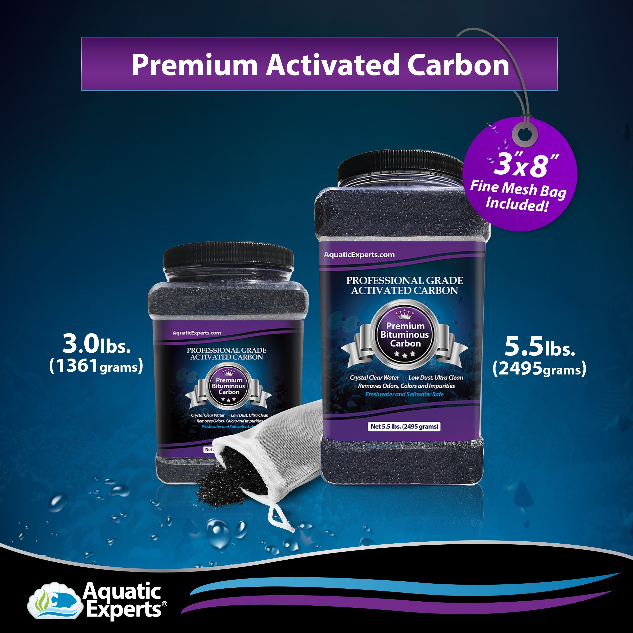 Aquatic Experts - Activated Carbon, Charcoal Aquarium Filter Media, Aquarium Odor Remover, 3.0 lbs