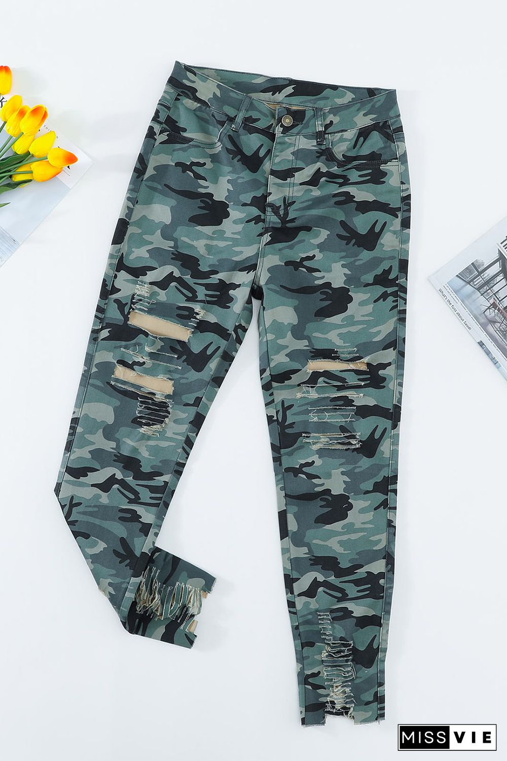 Green Camouflage Hollow out Skinny Jeans with Pocket