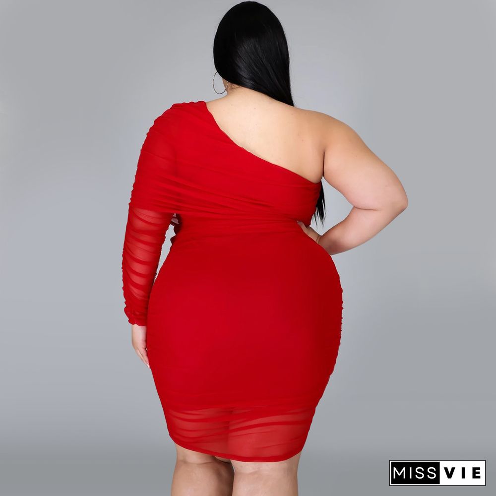 Plus Size Mesh Solid Single Sleeve Bodycon Dress