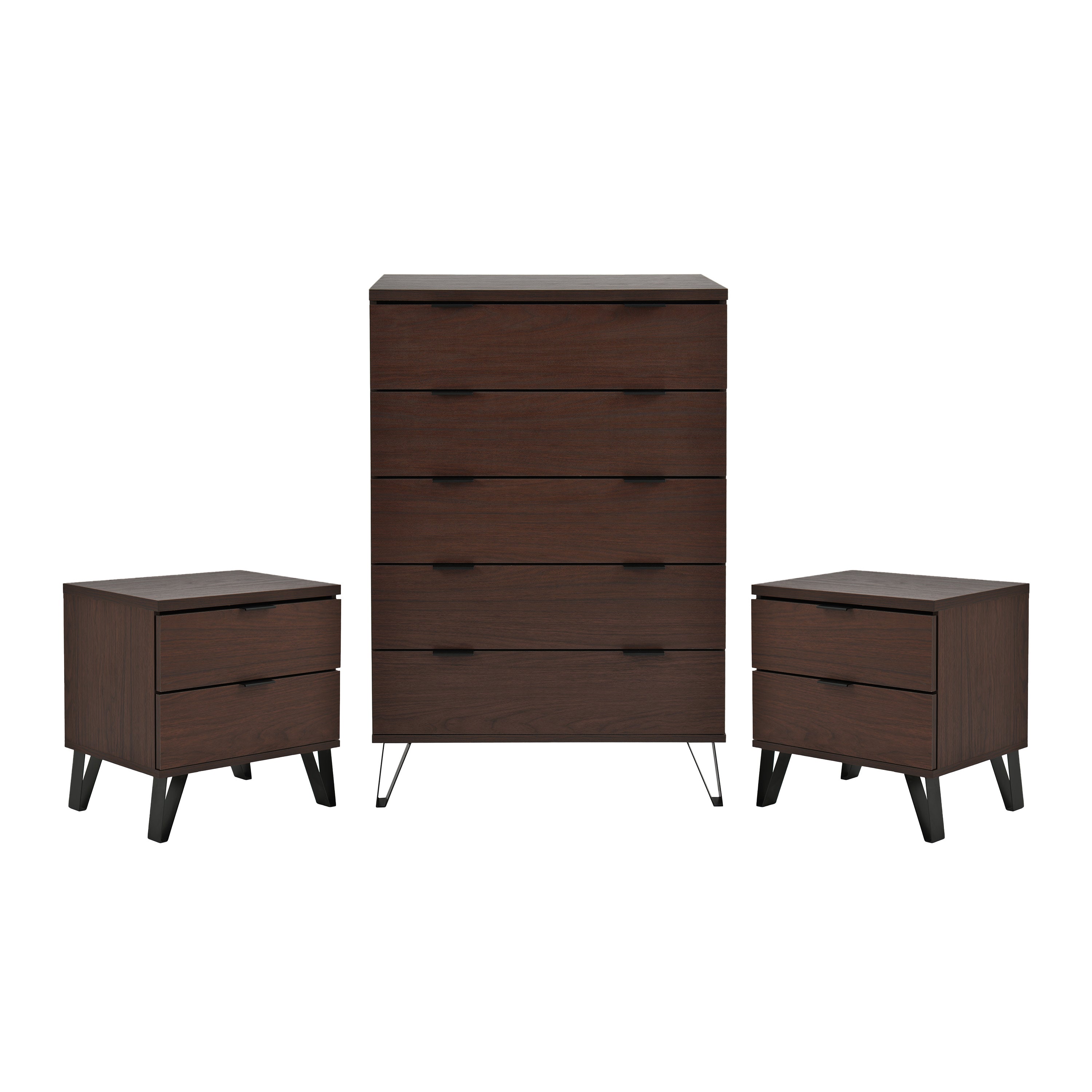 Demijen Modern Industrial 3 Piece Wide 5 Drawer Dresser and Nightstand Bedroom Set, Walnut and Matte Black