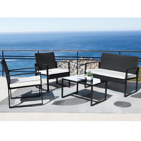 4 Pieces Patio Conversation Sets PE Rattan Chairs with Loveseat and Table - Overstock - 35765538