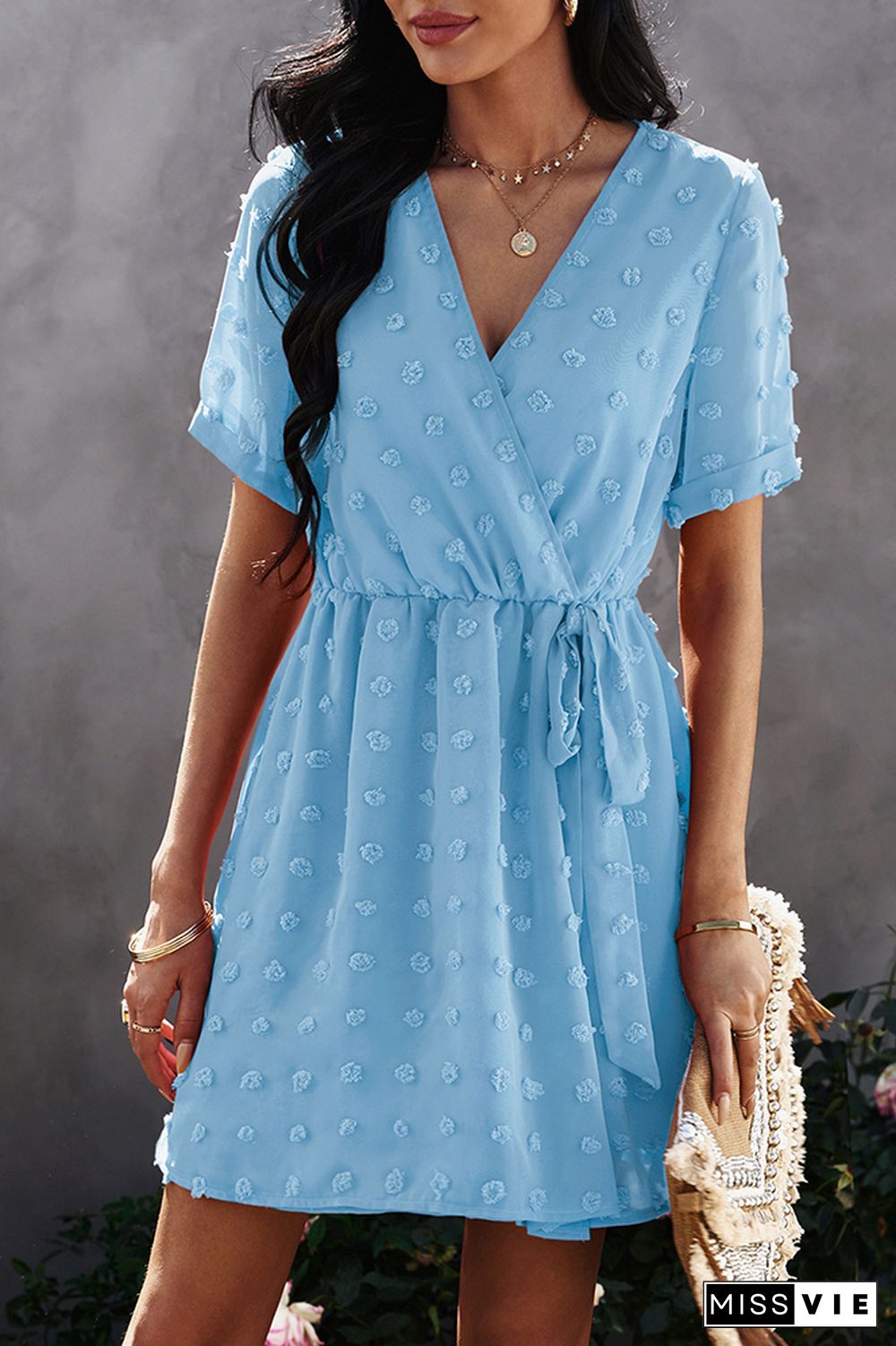 Solid V Neck Short Sleeve Dress Wholesale