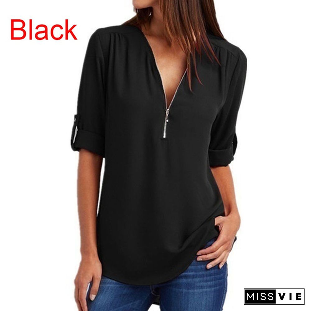 Plus Size Women's Fashion Chiffon Shirt V-neck Long Sleeve Loose Tops Zipper T-Shirt( S-4XL)