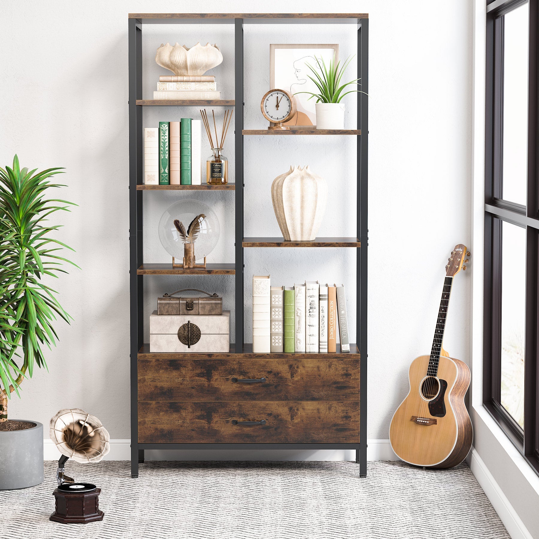 67 Bookshelf, Freestanding Etagere Bookcase with 2 Drawers & Shelves