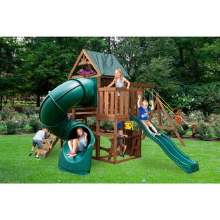 Swing-N-Slide Playsets Tellico Terrace Ready-To-Assemble Wooden Outdoor Playset with 2 slides Rock Wall Tarp Roof and Swing Set Accessories WS 8359