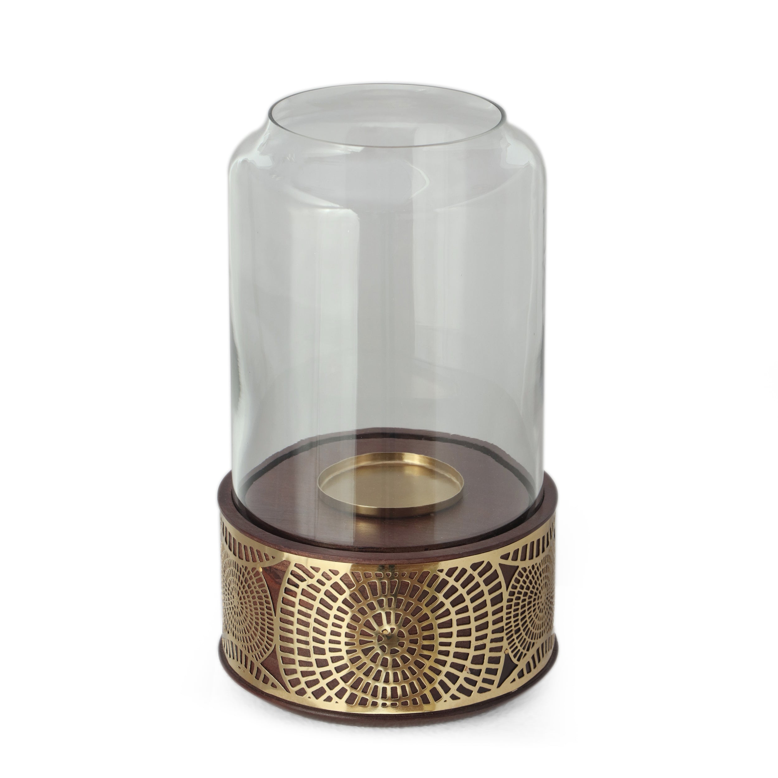 Rivet Boho Handcrafted Mango Wood Hurricane Candle Holder, Natural and Nickel