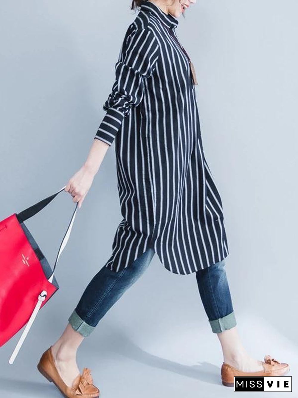 Italian black striped Cotton clothes lapel oversized shirt Dres