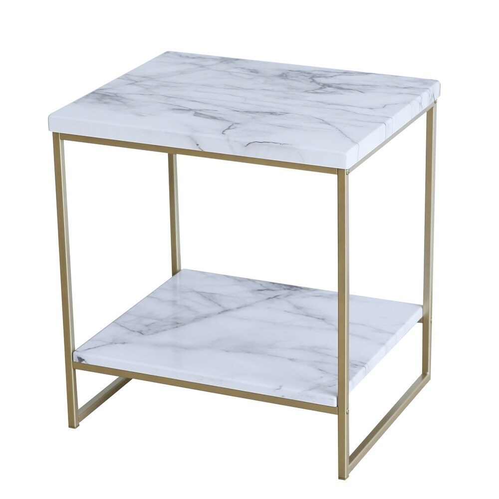 Roomfitters 2 Tier White Faux Marble Print End Table for Living Room