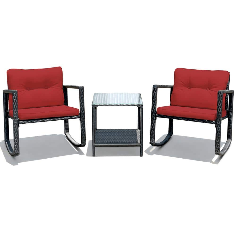 Costway Black 3-Piece Rattan Wicker Patio Conversation Set Rocking Chairs With Red Cushions HW62861RE