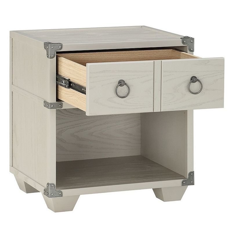 Two Drawer Wooden Nightstand with Metal Ring Pulls， Gray