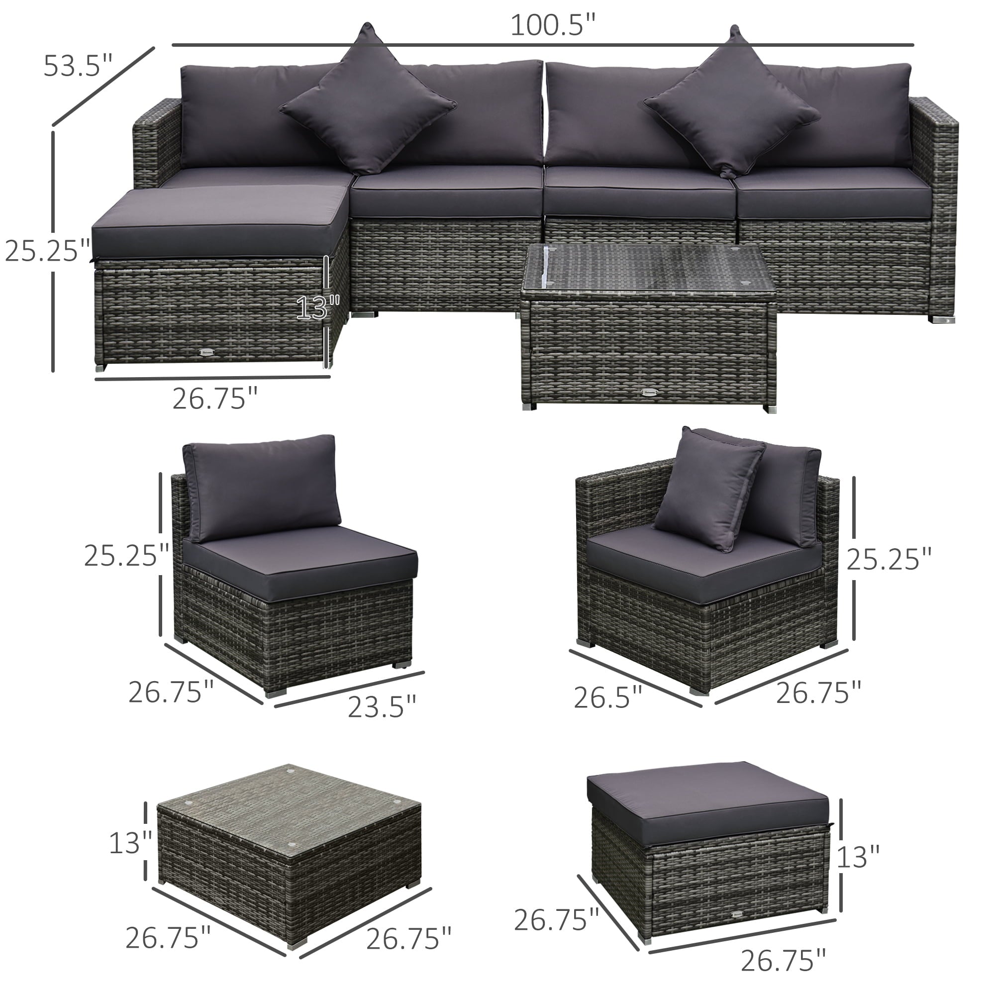 Outsunny 6-Piece Outdoor Patio Rattan Wicker Furniture Sofa Set W/ Cushions Grey, Sectional Sets