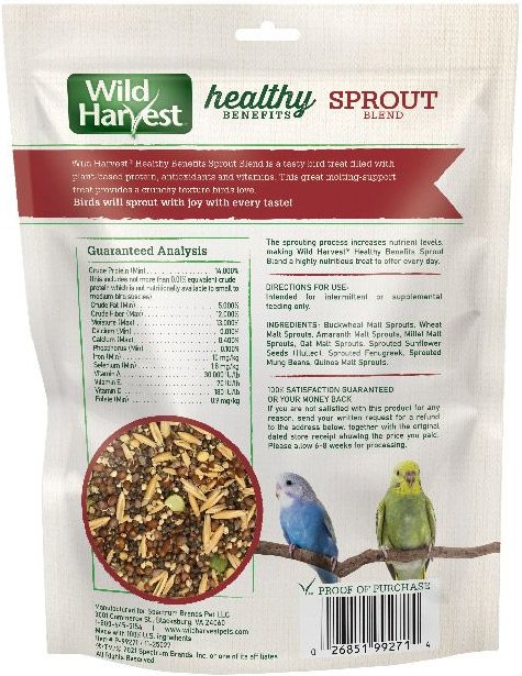 Wild Harvest Healthy Benefits Sprout Blend Small and Medium Bird Treats， 2.5-oz bag