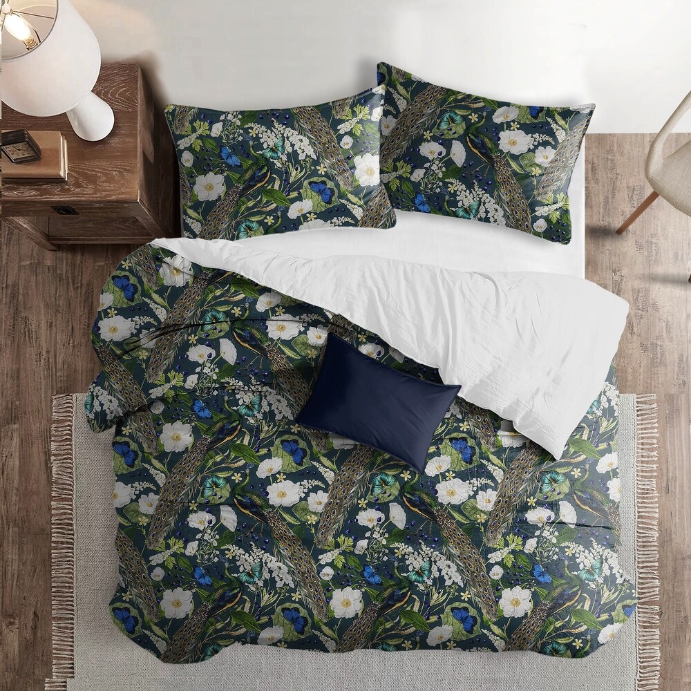 Peacock Print Teal/Navy Comforter   Pillow Sham Set.