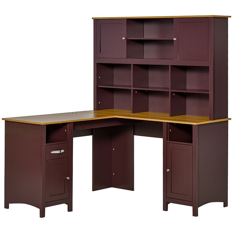 HOMCOM L Shaped Computer Desk with Storage Shelves Home Office Desk with Drawers and Cabinets Coffee Brown