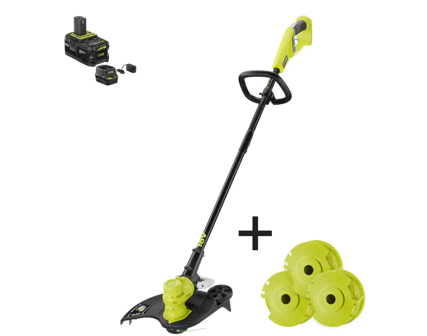 RYOBI P20140-AC ONE+ 18V 13 in. Cordless Battery String Trimmer/Edger with Extra 3-Pack of Spools， 4.0 Ah Battery and Charger