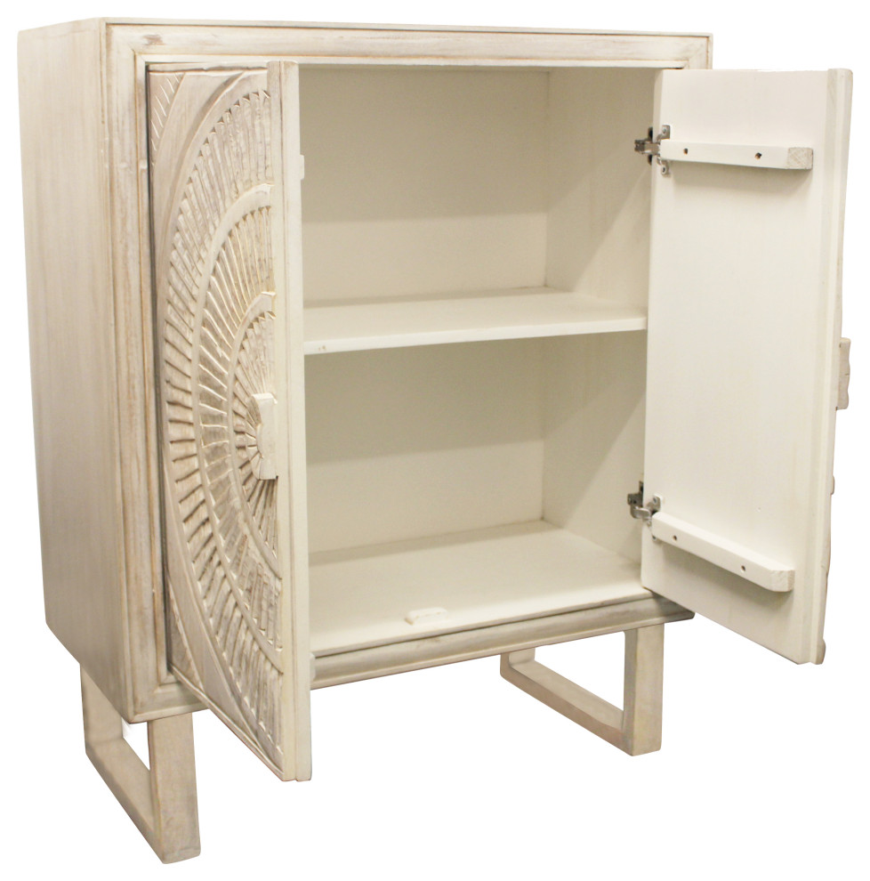 Albert Cabinet  2 Hand Carved Doors  White Distressed Finish   Farmhouse   Accent Chests And Cabinets   by Moti  Houzz