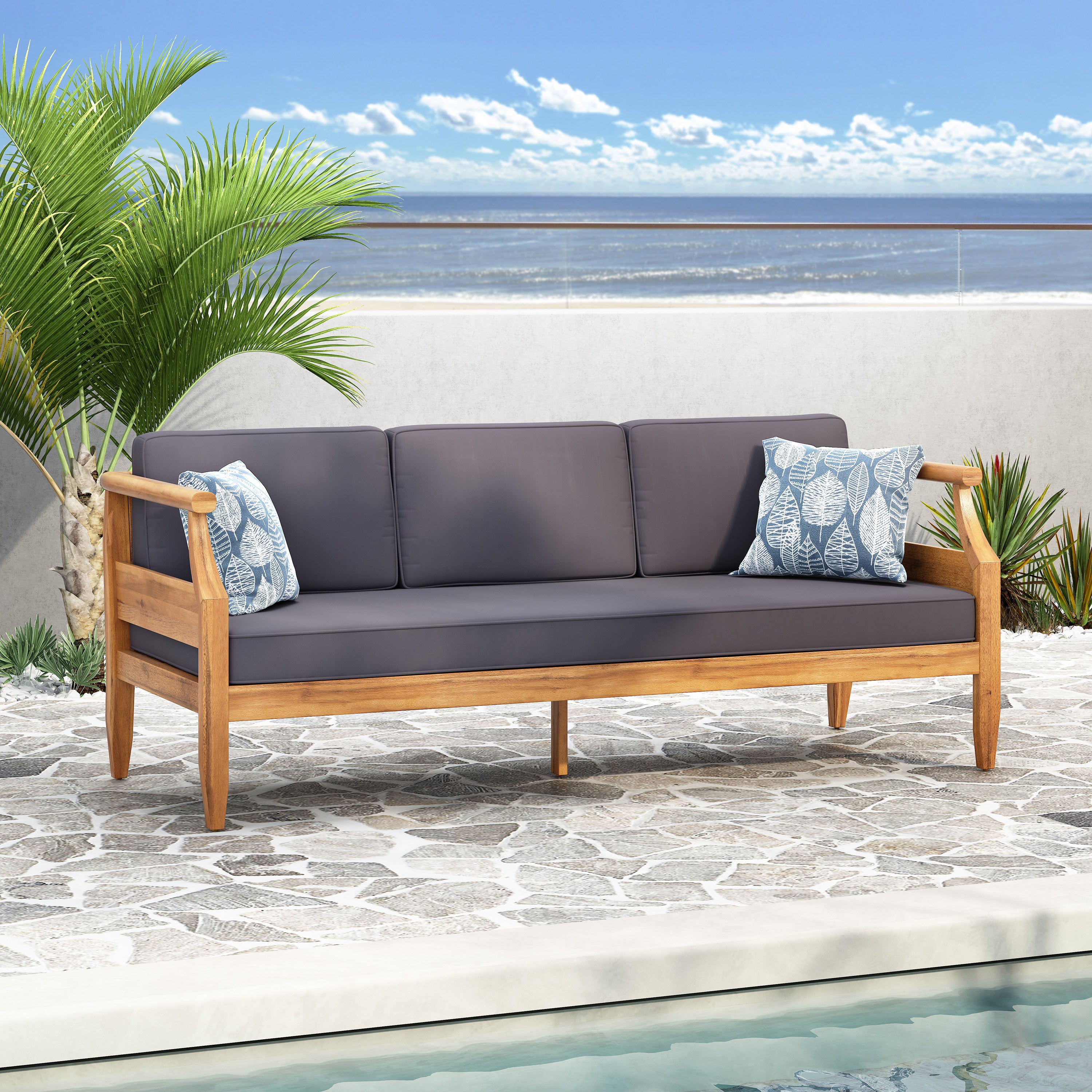 Bianca Outdoor Mid-Century Modern Acacia Wood 3 Seater Sofa, Teak and Dark Gray