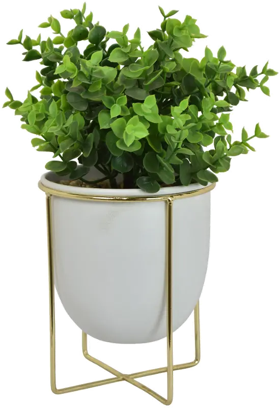 Faux Green Plant Arrangement with White Planter and Metal Stand