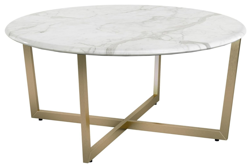 Contemporary Coffee Table  Crossed Golden Base  ampLaminated Round Faux Marble Top   Contemporary   Coffee Tables   by Decor Love  Houzz