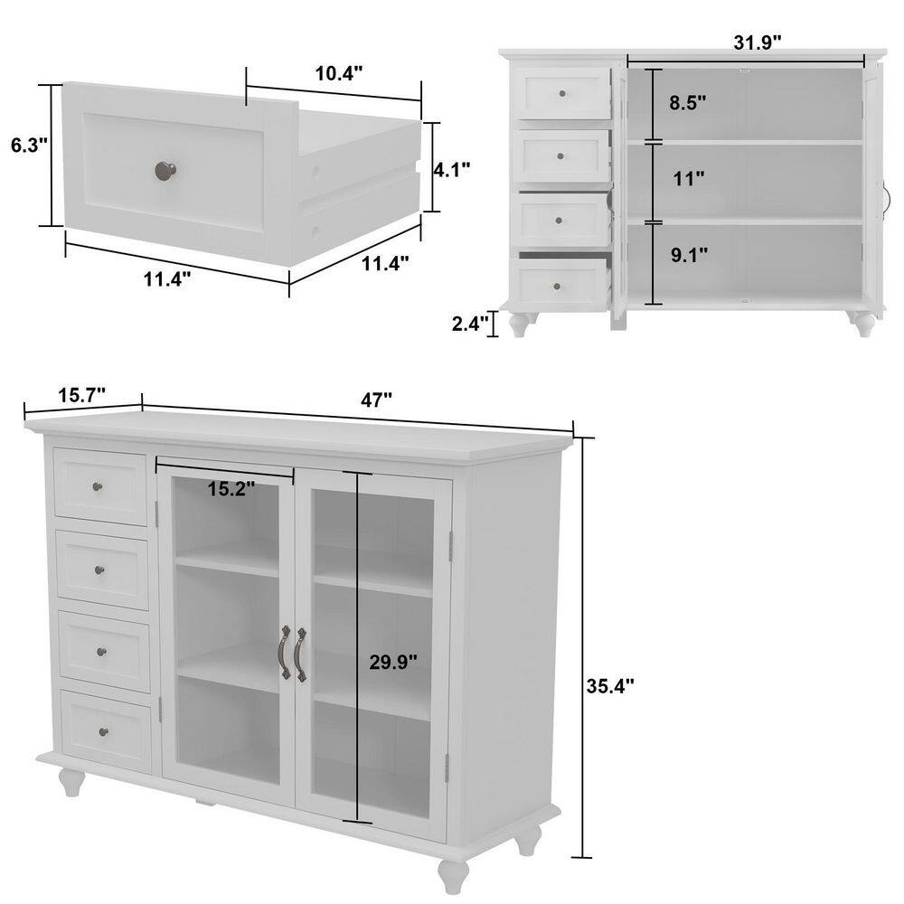 FUFUGAGA White Wooden Sideboard Storage Cabinet Food Pantry Wine Cabinet with 4 Drawers and 3 Shelves LBB-KF260052-01-sd