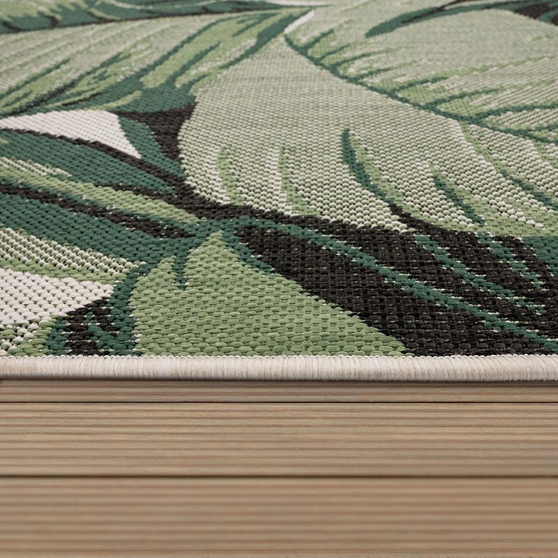 In- and Outdoor Rug Tropical Palm Leaf Design for Patio in Green Beige