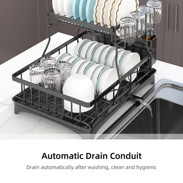 WZCPCV 2-Tier Dish Drying Rack， Rustproof Dish Drainer with Utensil Holder， Cup Holder and Drain