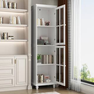 FUFUGAGA 18.1 in. Width White 4-Shelves Tall Elegant Wooden Accent Bookcase Standard Bookcase with Tempered Glass Doors L-THD-330077-01-c1