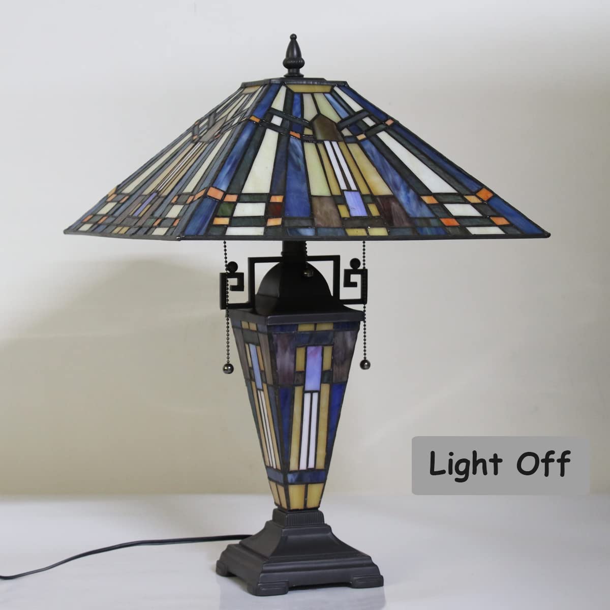 Vinplus Tiffany Table Lamp Night Light 16" Wide Handmade Stained Glass Lamp Shade 3 Light Blue Mission Style Vintage Table Lamp