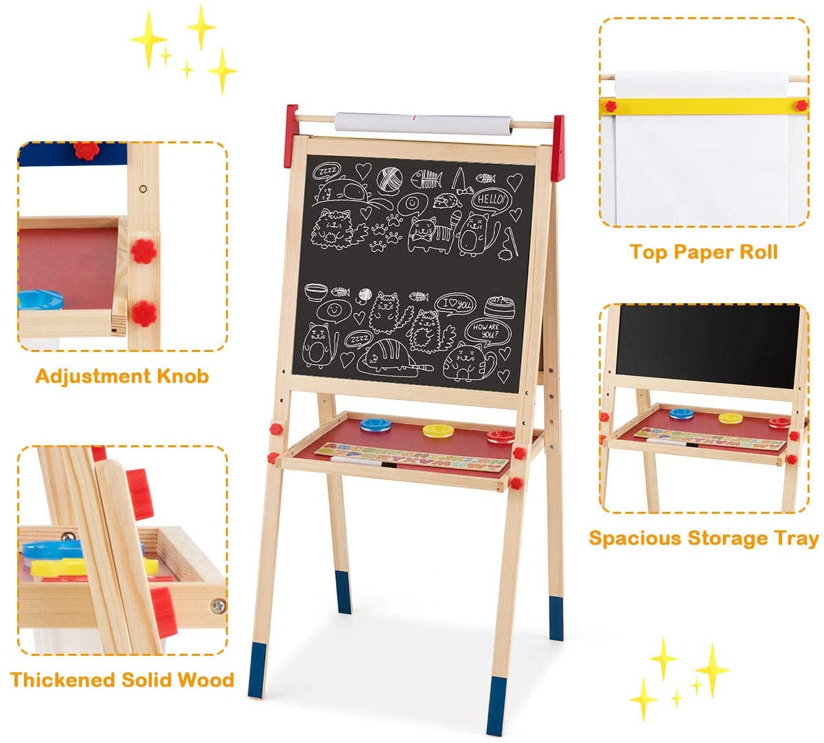 Costzon 3 in 1 Kids Art Easel with Paper Roll, Double Sided Adjustable Chalkboard & White Dry Erase with 4 Drawing Board Clips