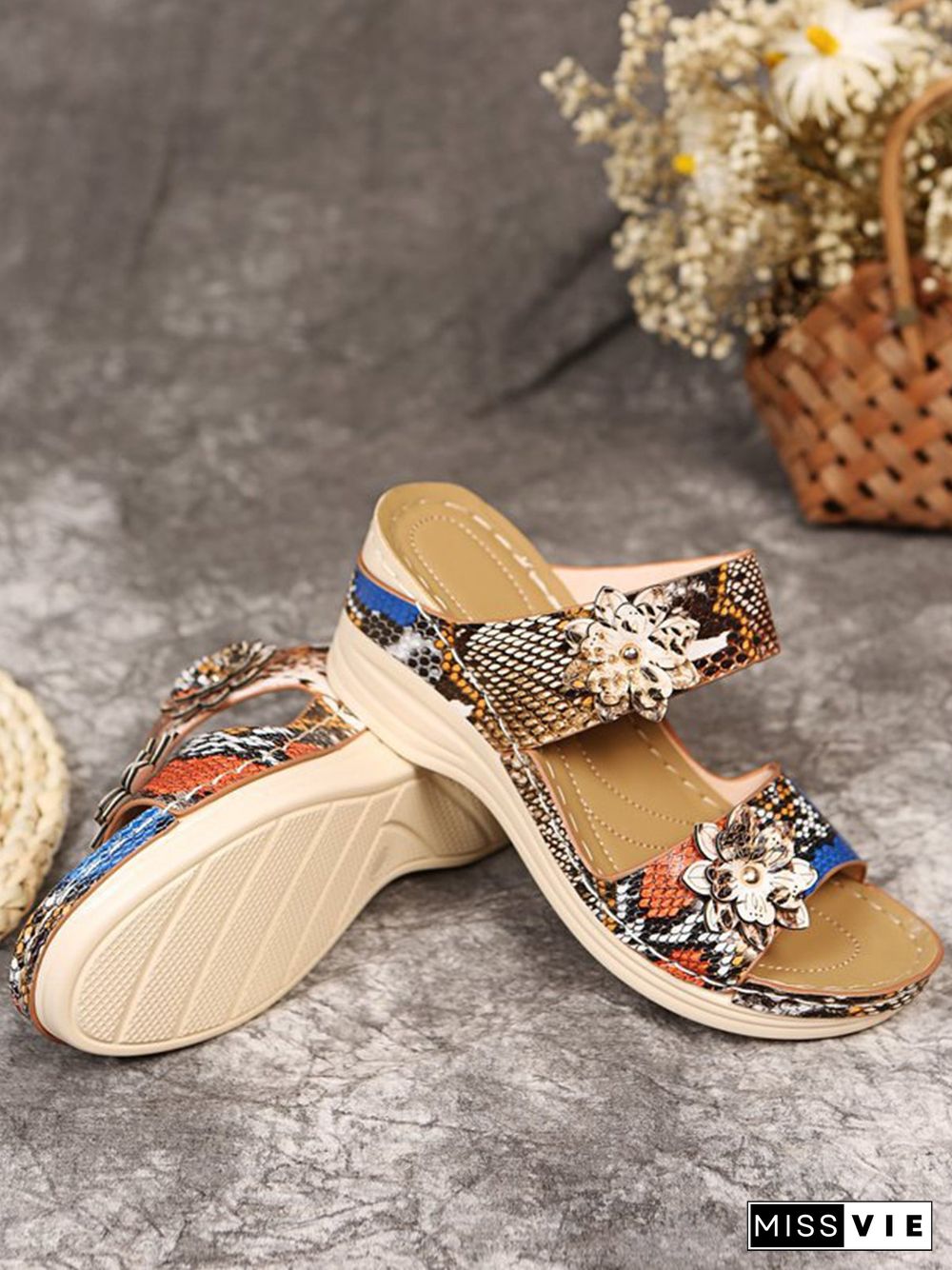 3D Floral Snake Print Wedge Sandals Slippers