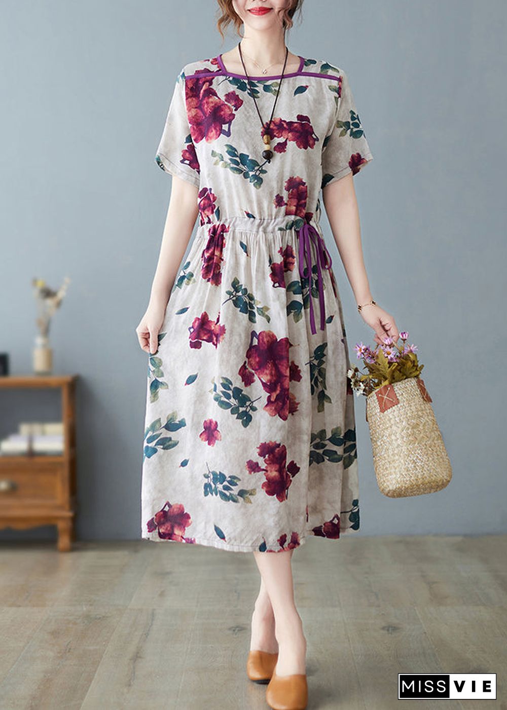 Fashion O-Neck Print Drawstring Tie Waist Long Dress Summer