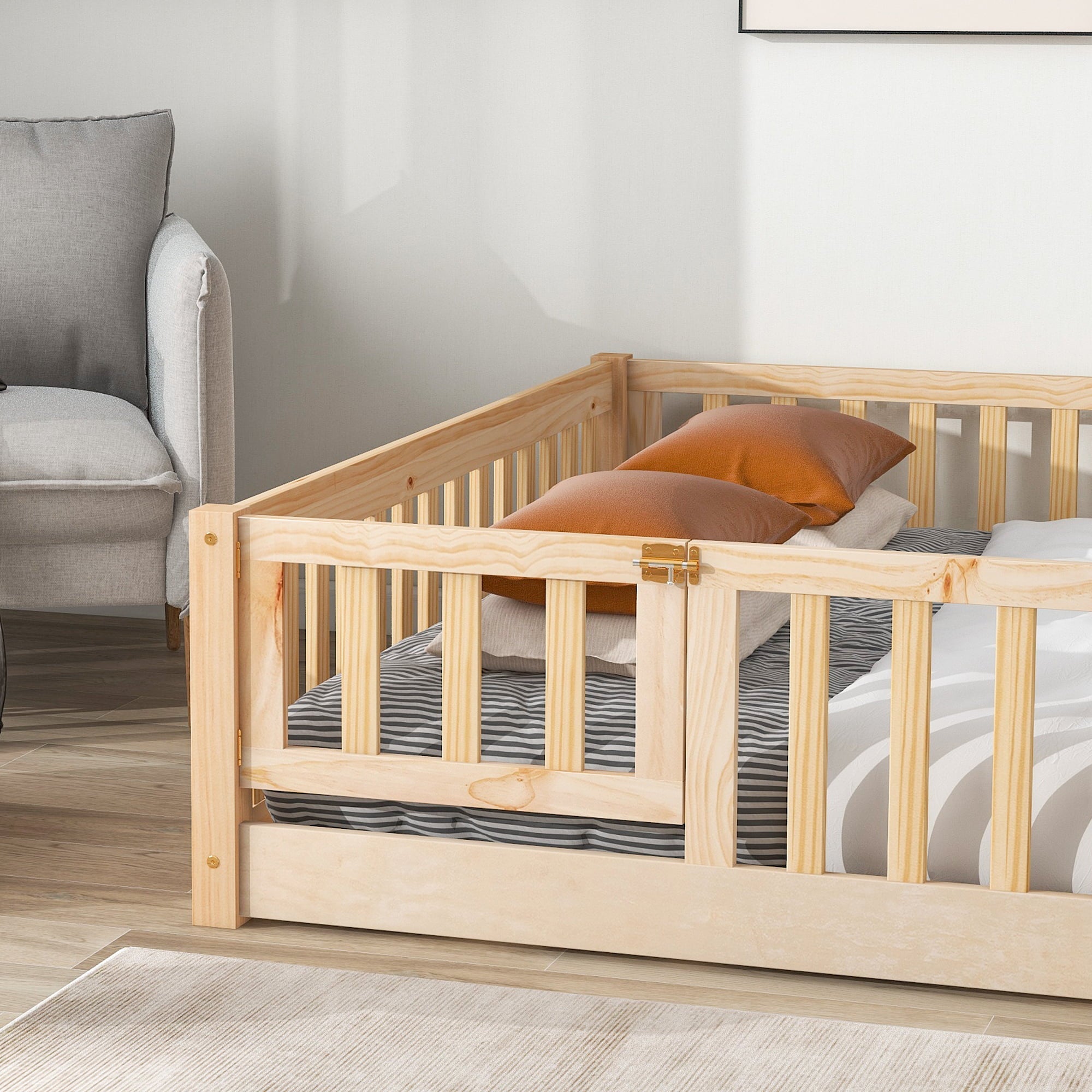 uhomepro Queen Size Wood Floor Bed Frame with Fence and Door for Kids, Toddlers, Natural