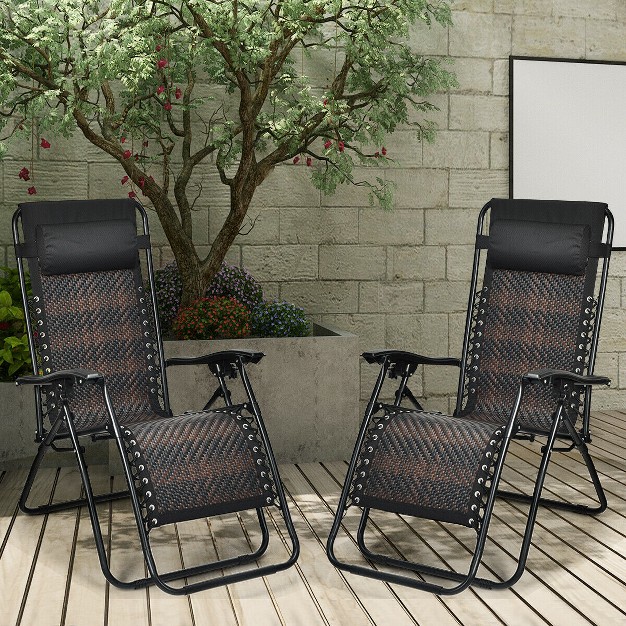 Tangkula 2pcs Mix Brown Folding Recliner Patio Rattan Zero Gravity Lounge Chair W Headrest