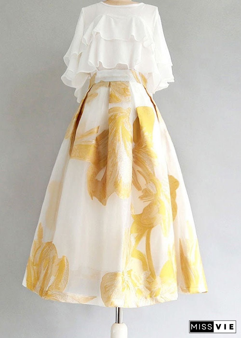 Women Yellow Wrinkled Patchwork Embroideried Tulle Skirt Summer