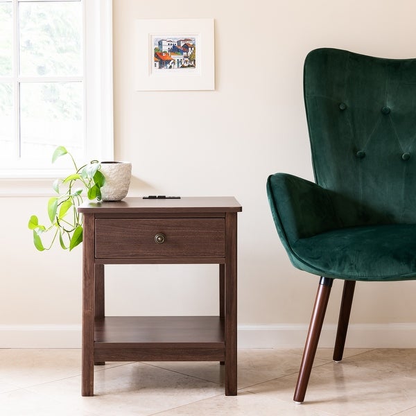 Traditional Rectangular End Table with AC Power and USB Charging Ports， White