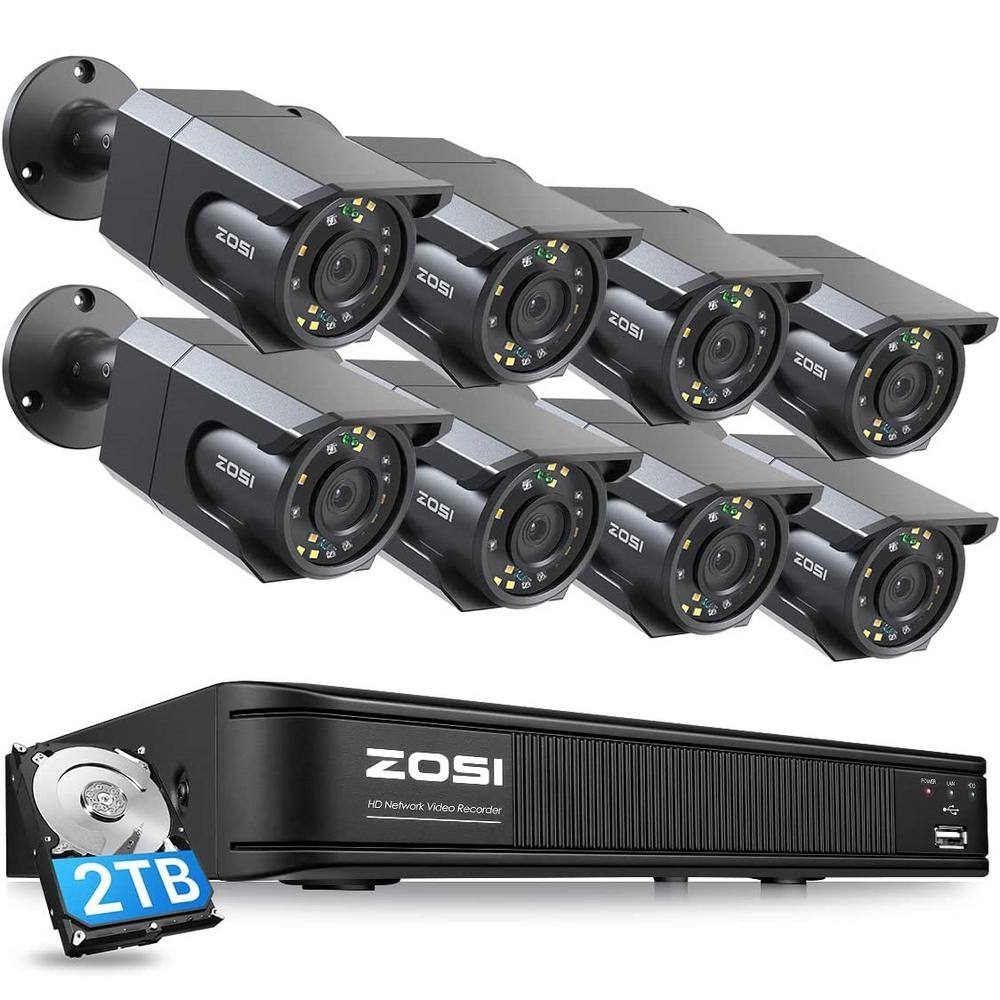 ZOSI 8-Channel 4K 2 TB PoE NVR Security Camera System with 8 Wired 8MP Spotlight Cameras Human Detection 100ft Night Vision 8DM-1058B8-20-US