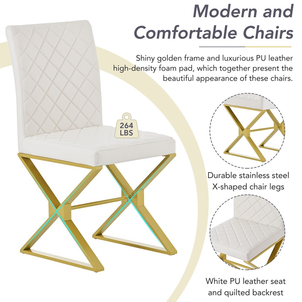 Modern 7 Piece Dining Set: Rectangular Faux Marble Table  PU Leather Chairs with Gold Steel Legs