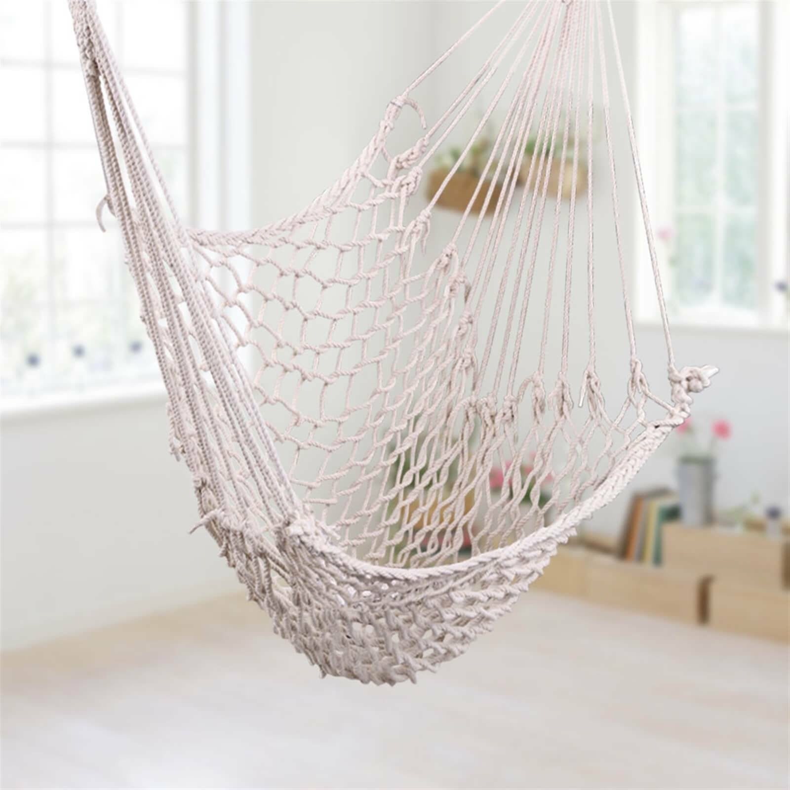 Indoor Outdoor Handmade Hanging Cotton Rope Hammock Lounge Swing Chair for Patio, Porch, Bedroom, Backyard - Beige