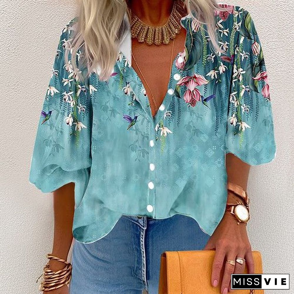 Youthful Floral Print 3/4 Sleeve Shirt