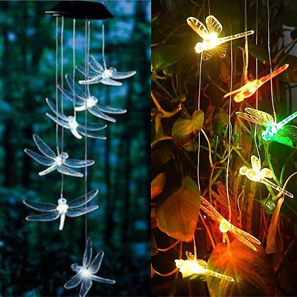 Led Solar Powered Dragonfly Wind Chimes Light Home Garden Hanging Lamp Decor