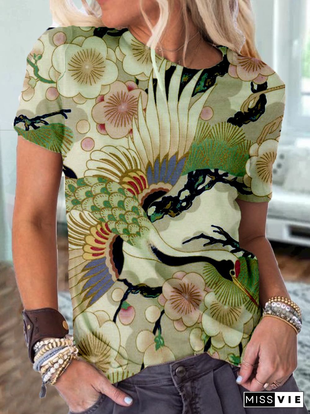 Floral-Print Casual Crew Neck Floral T-shirt