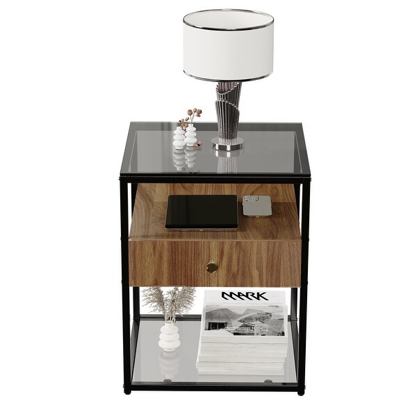 Modern Single-Drawer Glass End Table Bedside Nightstand Storage Table - 17